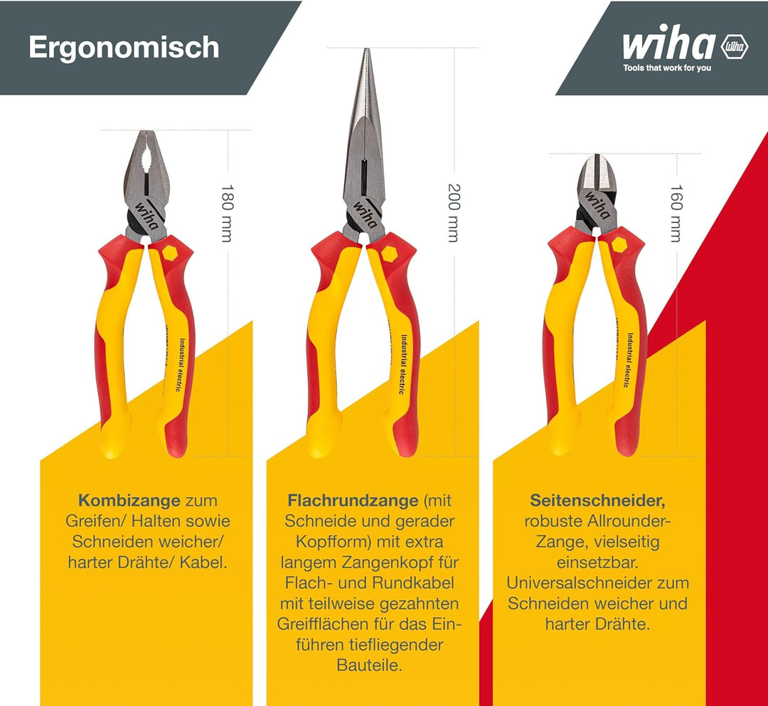 Wiha Zangen Set für Elektriker (38637) 3-tlg. I Universal Kombizange 180mm + Flachrundzange 200mm +