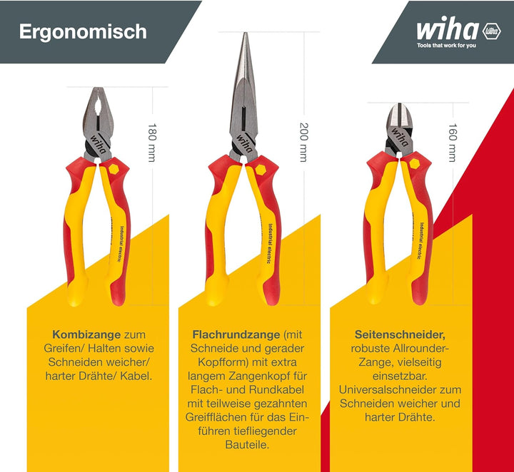 Wiha Zangen Set für Elektriker (38637) 3-tlg. I Universal Kombizange 180mm + Flachrundzange 200mm +