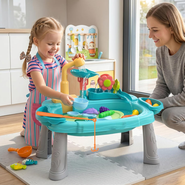 Spielwaschbecken mit fliessendem Wasser, 3-in-1-Spass-Baby-Wassertisch, Waschen und Angeln, vorgetäu