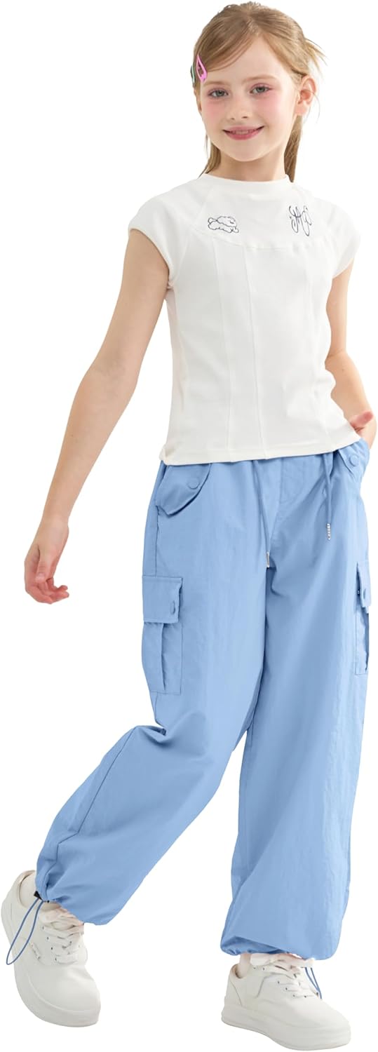 Rolanko Baggy Cargo Fallschirmhose für Mädchen, Y2K Vintage Jogger mit Verstellbarer Elastischer Tai