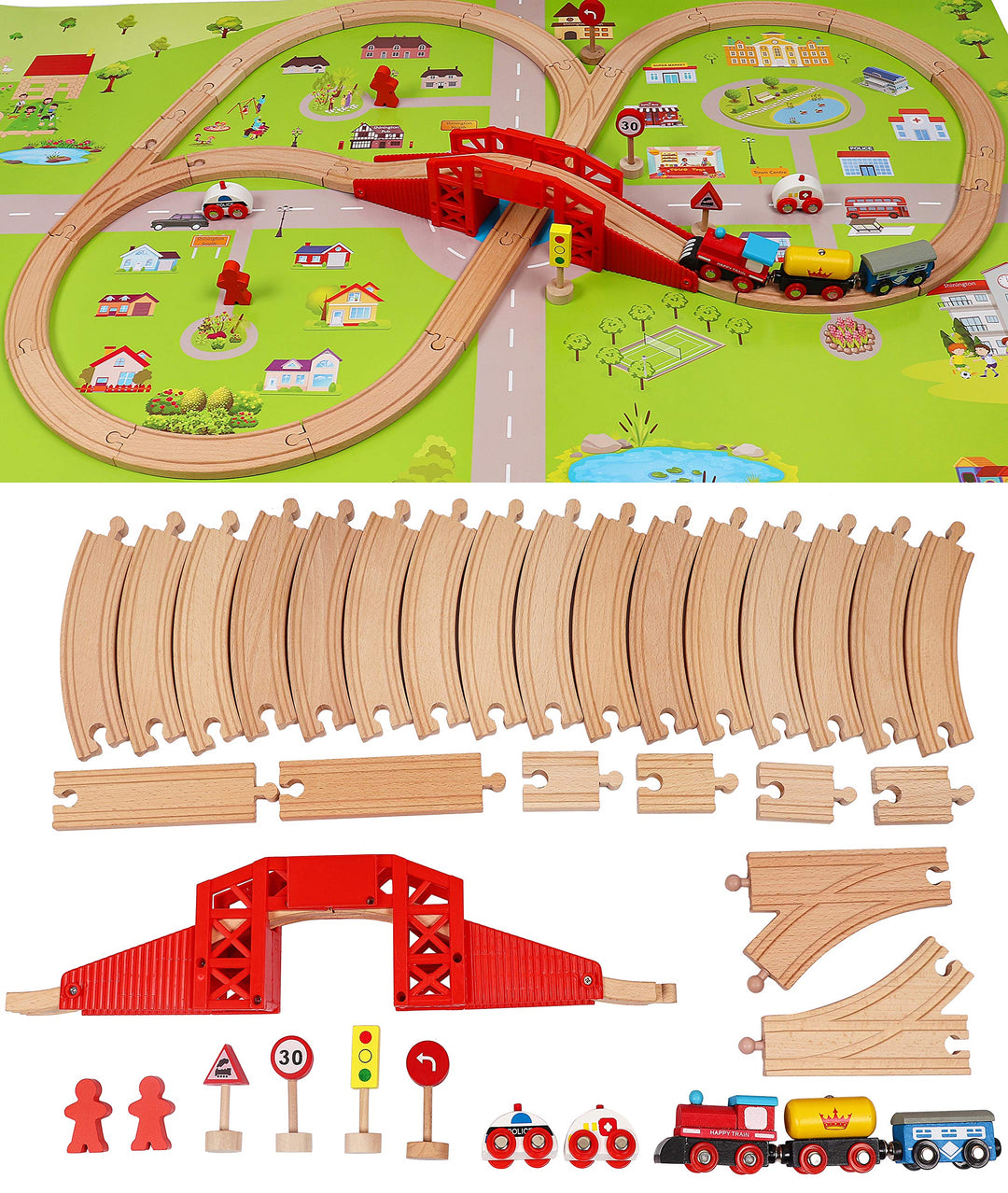 TOWO Holzeisenbahnset mit Stadtplan- Shinington-Eisenbahngleisbau Bauspielzeug für 3 Jahre alte Kind