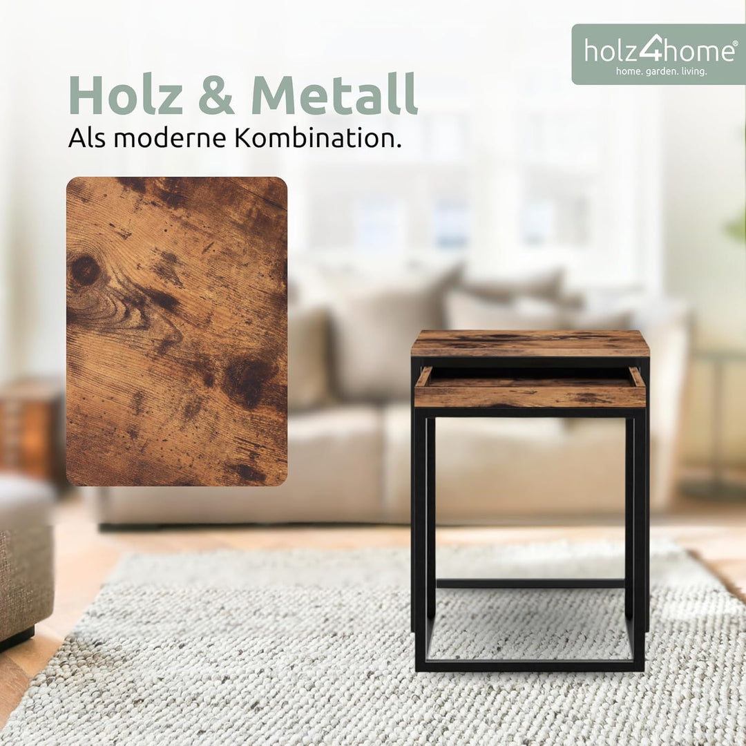 holz4home® Couchtisch Eckig, 2er Set Lannies | 45x40x55 cm | einfache Montage | Industrial-Look Brau