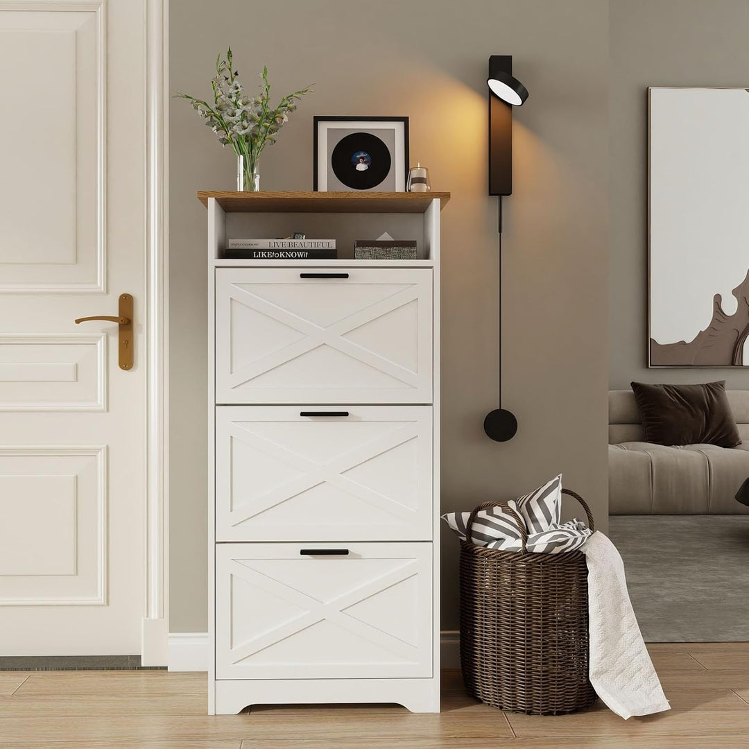 Farmhouse Schuhschrank mit 3 Klappschubladen, Schlankes Schuhregal für den Eingangsbereich, Schuhreg