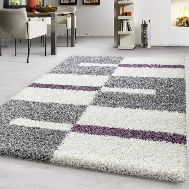 Teppium Shaggy Hochflor Teppich Läufer Flur 60 x 110 cm Lila - Kariertes Flauschiger Teppich, Weich