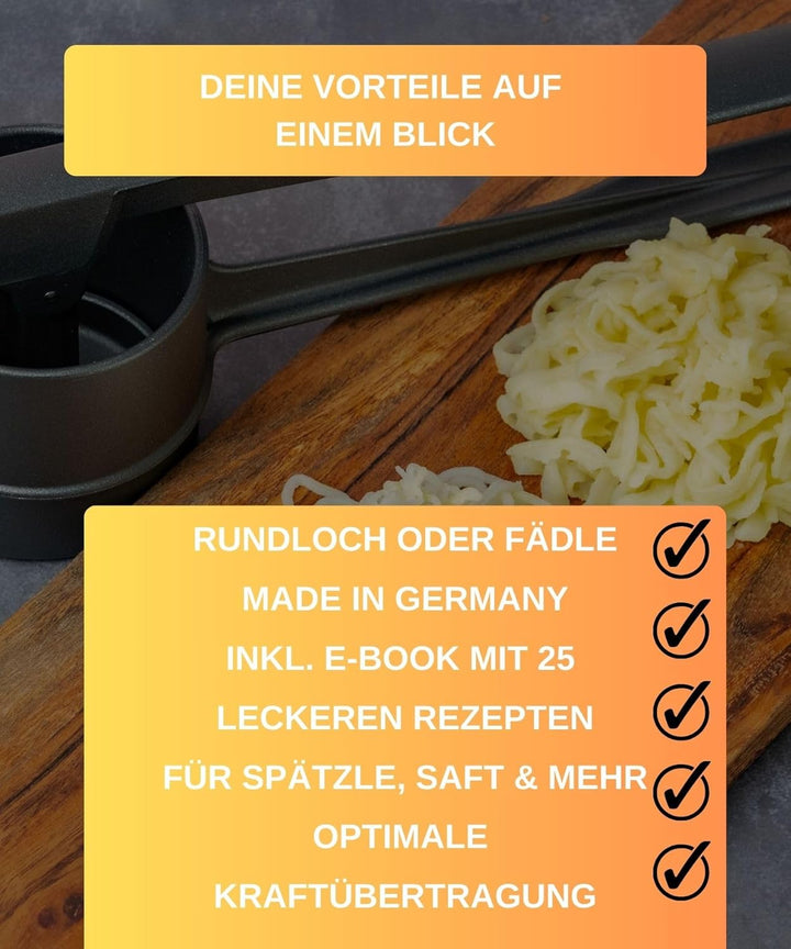 Thiru Spätzlepresse Premium - Kartoffelpresse mit Auflagerasten - Ideal für Spätzle, Kartoffeln, Säf