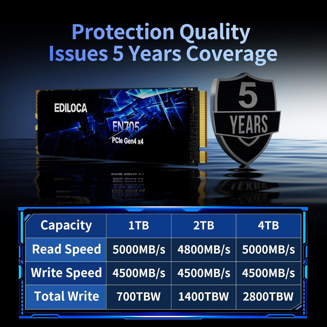 Ediloca EN705 SSD 2TB NVMe SSD M.2 PCIe Gen4, Interne SSD, 3D NAND TLC, bis zu 4800 MB/s, internes S