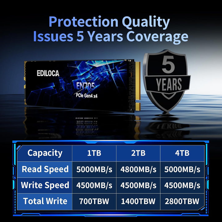 Ediloca EN705 SSD 2TB NVMe SSD M.2 PCIe Gen4, Interne SSD, 3D NAND TLC, bis zu 4800 MB/s, internes S
