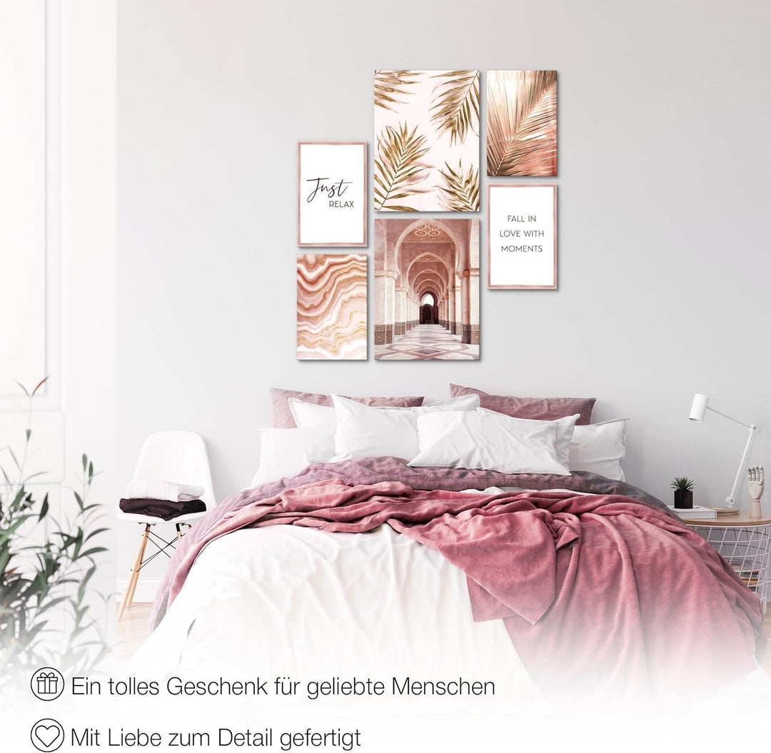 Novart Bilder Set - AUFHÄNGFERTIG - KEIN EXTRA RAHMEN BENÖTIGT - Oriental Marokko Palme Modern Rosa