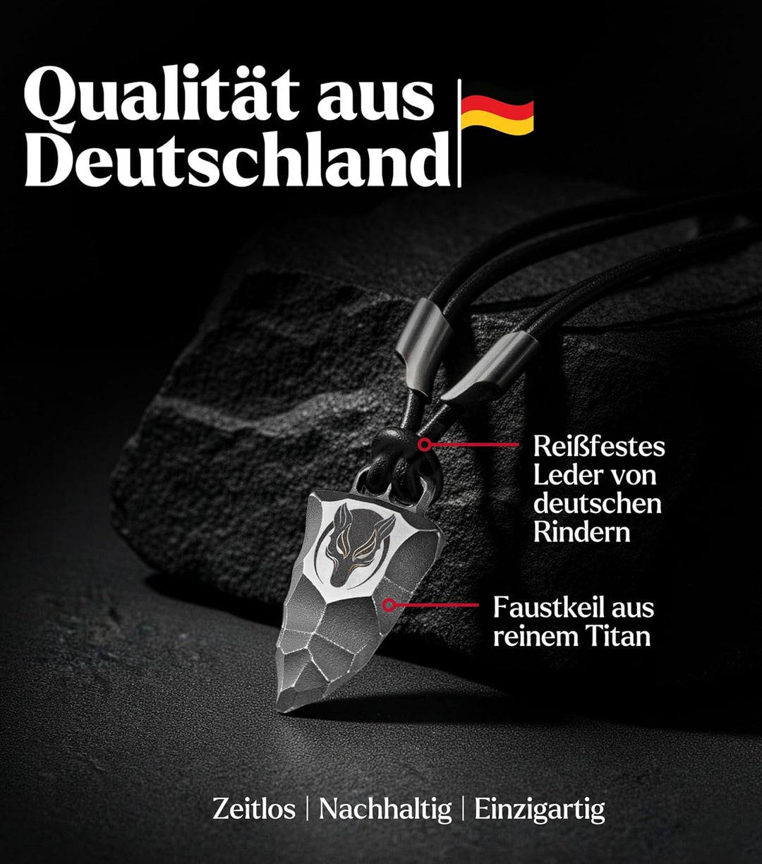 Element of Gods Titan Faustkeil Wolf Anhänger mit Lederband in schwarz