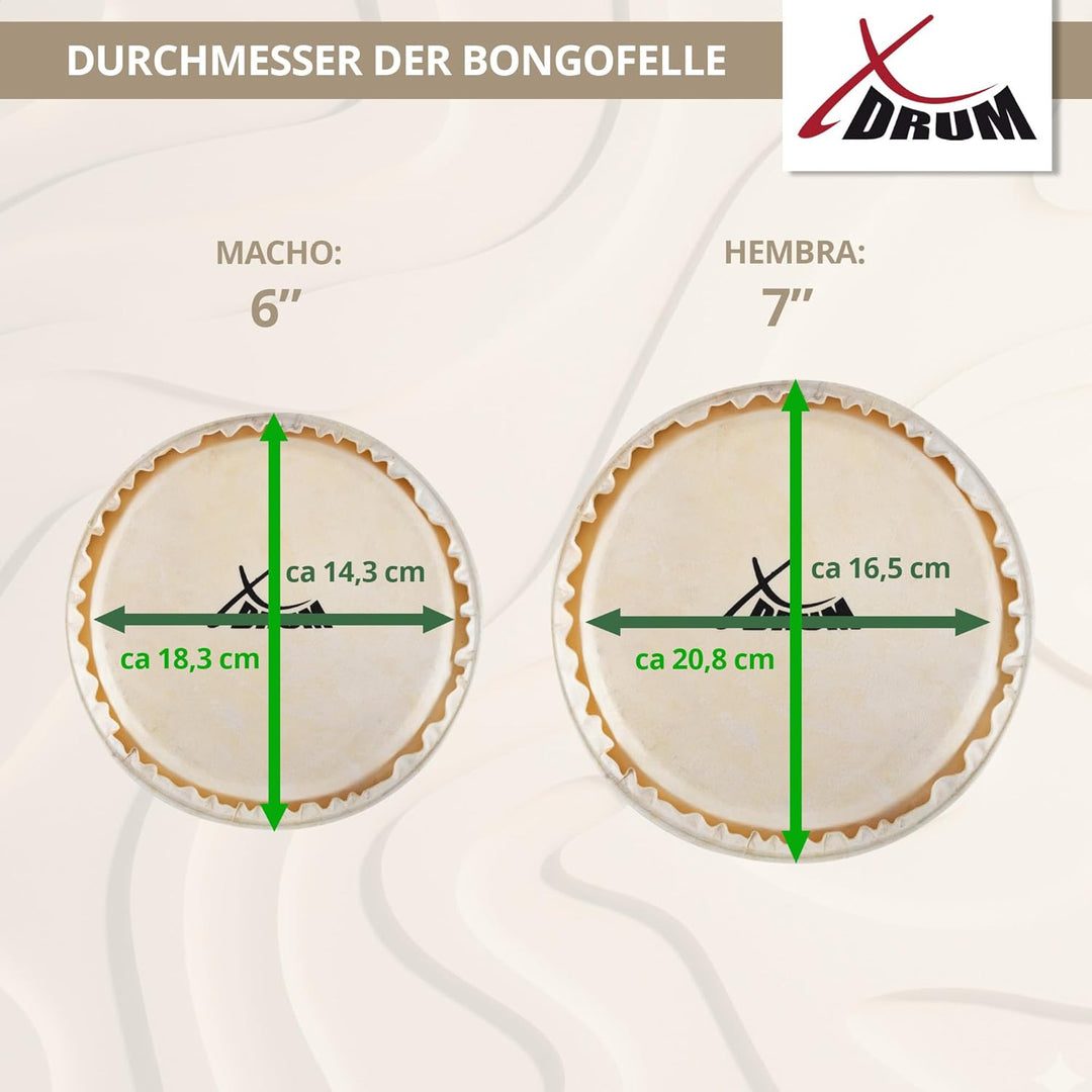 XDrum Bongos Club - 6" Macho und 7" Hembra - Naturfelle - professionelles Stimmsystem - Schwarz sati