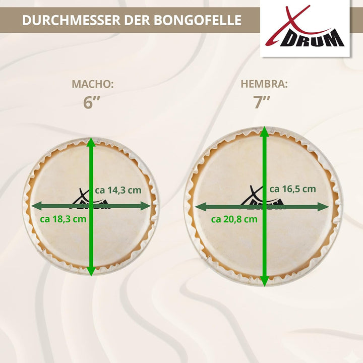XDrum Bongos Club - 6" Macho und 7" Hembra - Naturfelle - professionelles Stimmsystem - Schwarz sati