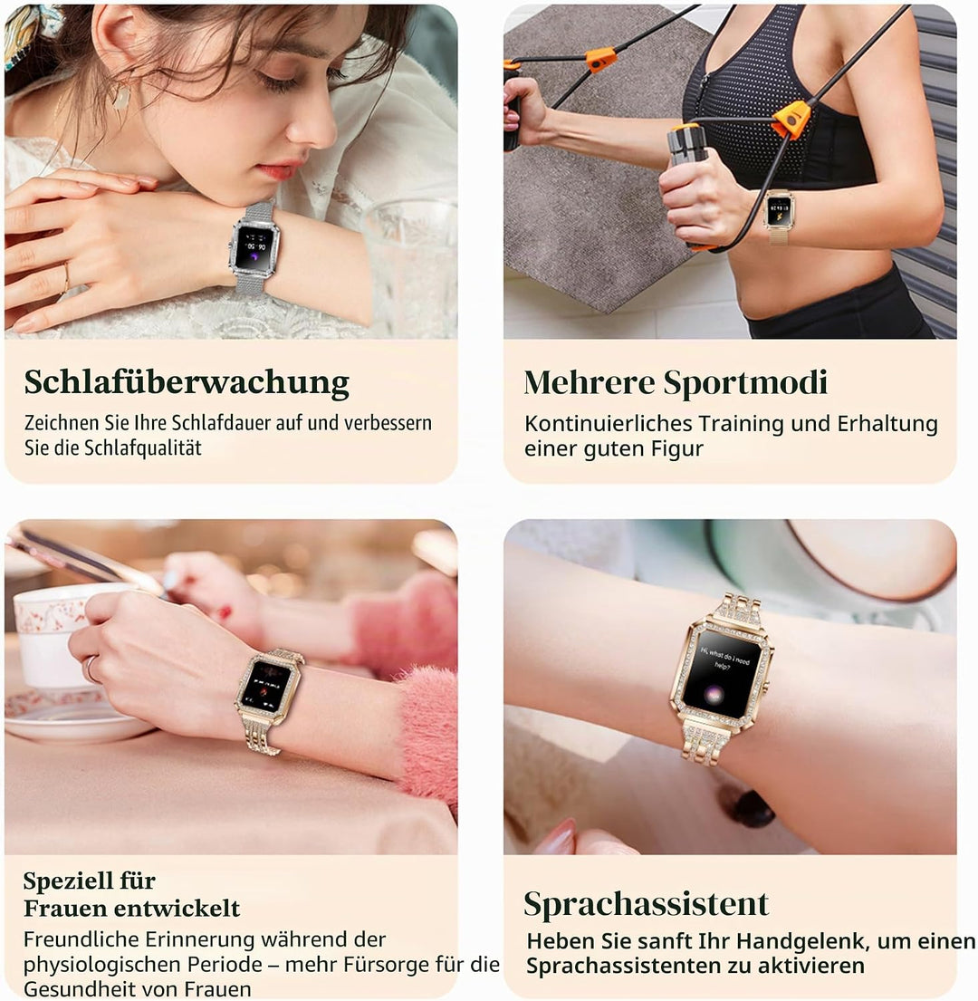 MYSHUN Smartwatch Damen mit Telefonfunktion, 1,59” Fitnessuhr Diamond Uhren Fitness Tracker 123 Spor