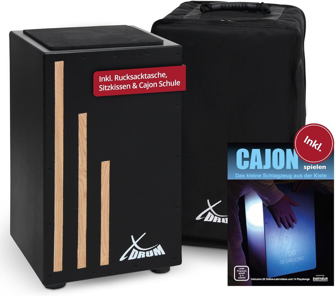 XDrum Cajon Primero Negra - Kistentrommel inkl. Rucksacktasche und Schule - Trommelkiste mit Snare S