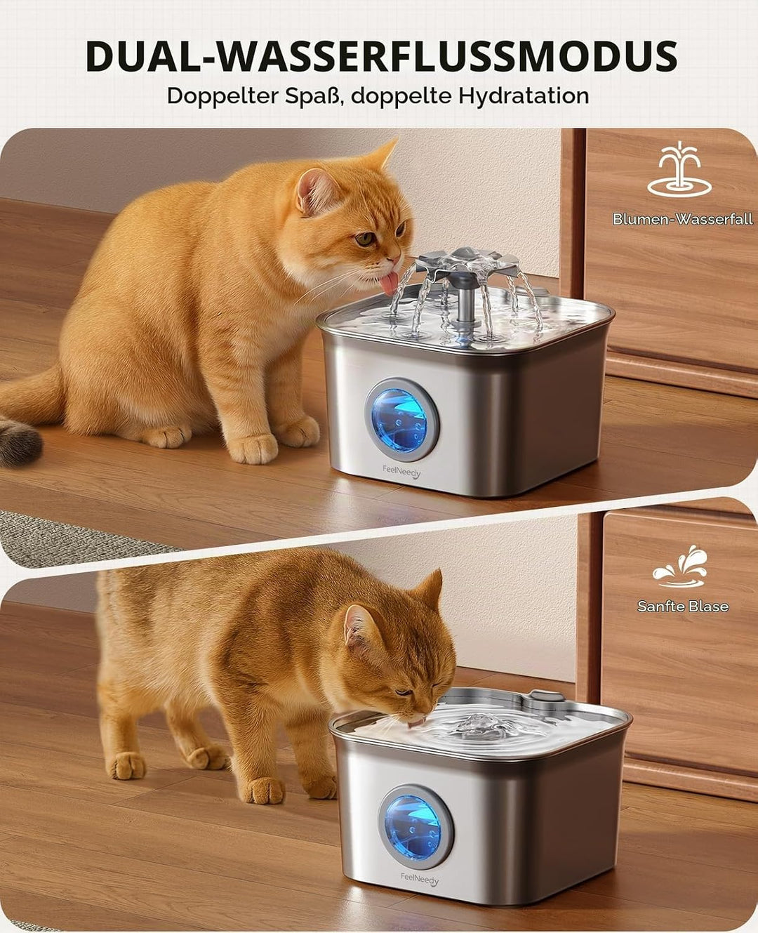 2.8L Katzenbrunnen Edelstahl mit 6 Filters, FEELNEEDY Trinkbrunnen für Katze, Katzentrinkbrunnen Ult