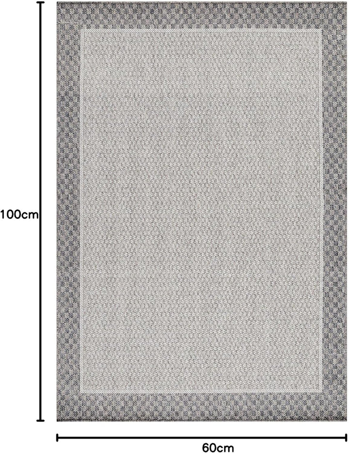 In- & Outdoor Läufer Teppich Robuster, Ethno Look Bordüre Muster, Rechteckig, Grau und Creme Farbe,