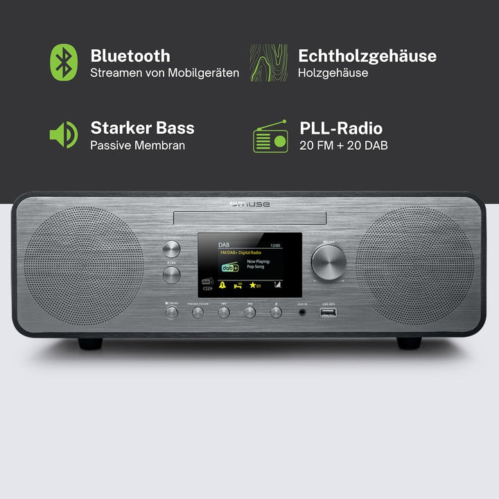 MUSE M-885 DAB Design Bluetooth Stereoanlage mit CD-Player und USB (DAB+, UKW, NFC, AUX), 80 Watt, g