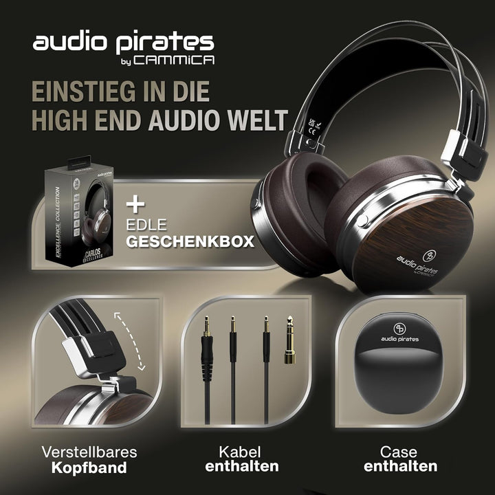 audio pirates Over-Ear Kopfhörer, Echtholz Kopfhörer, Top HiFi Sound, Kopfhörer mit Case, 3 m Kabel
