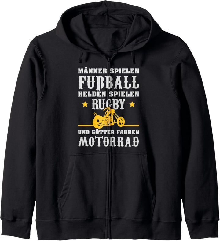 Männer spielen Fussball und Götter fahren Motorrad Kapuzenjacke
