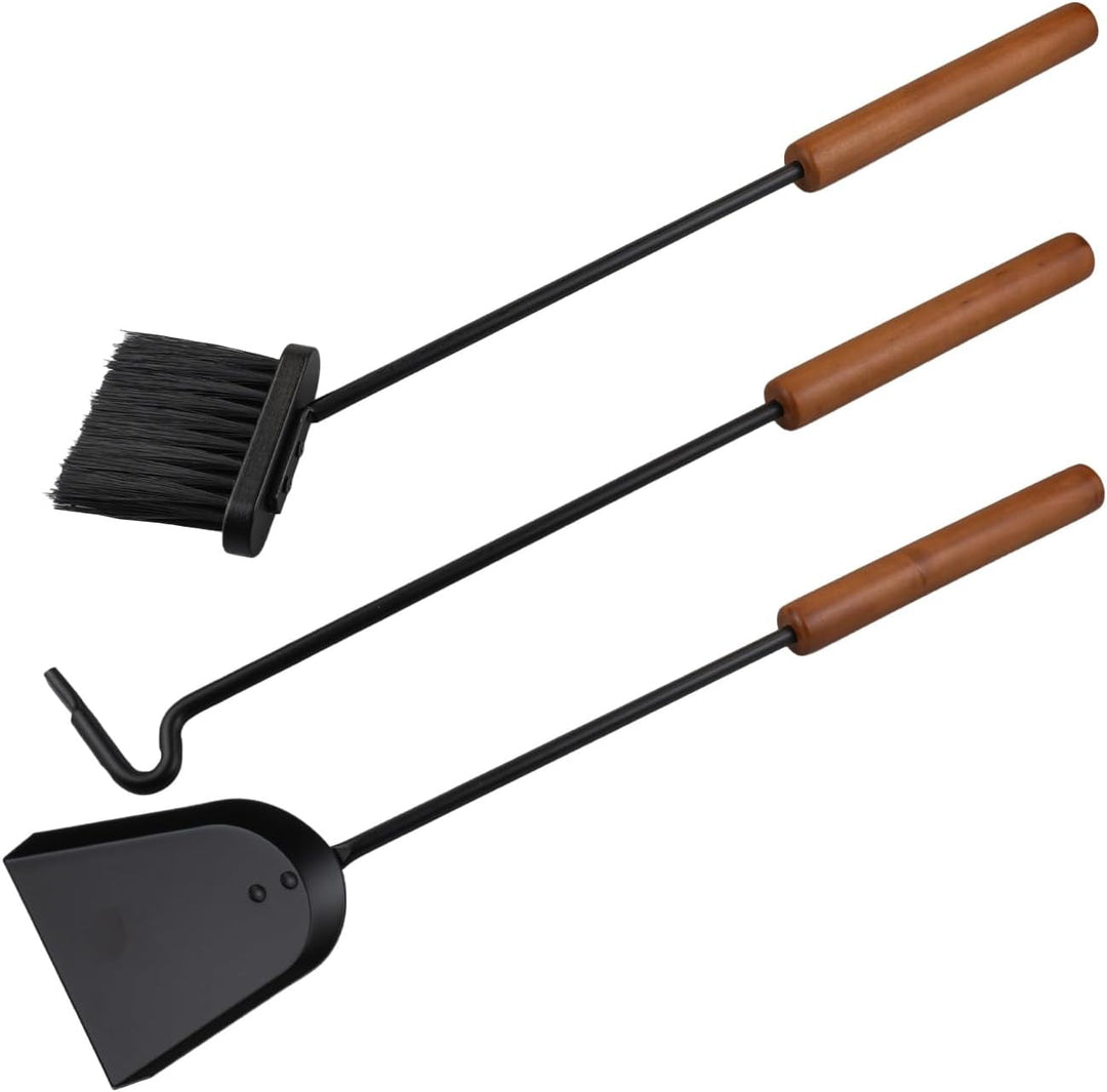 Raik Kaminbesteck Benno 3-teilig Stahl Schwarz mit langen Holzgriffen Feuerstellen-Zubehör-Set mit S