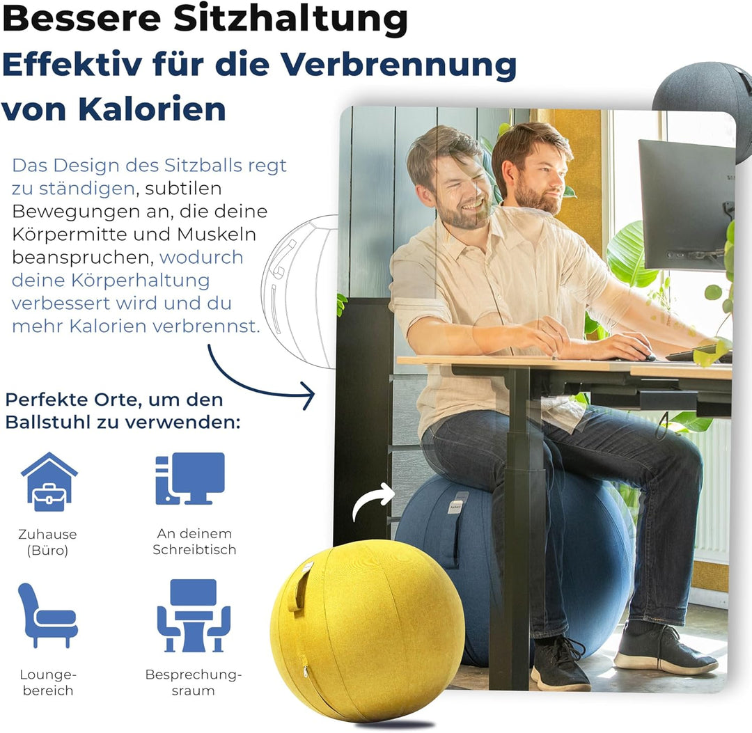 Sitzball Büro Ergonomisch 65 cm, Ergonomische Sitzmöbel für Büro und Heimbüro, Langlebiger Stoff, Gy