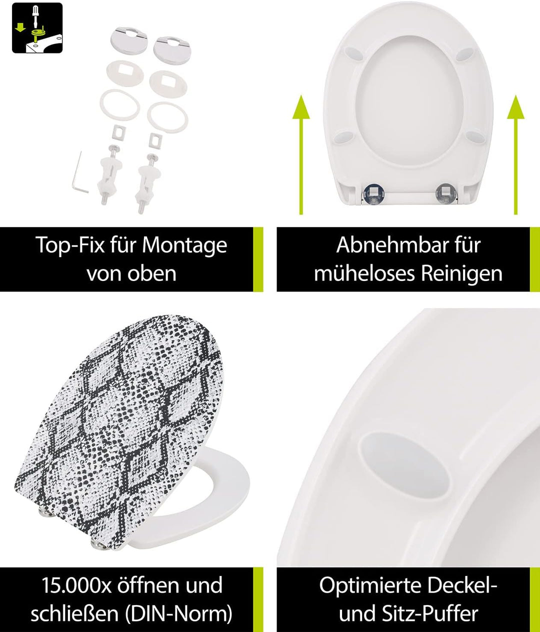 aquaSu® WC-Sitz mit Motiv Schlangenhaut | Toilettendeckel mit Absenkautomatik | Belastbar bis 300 kg