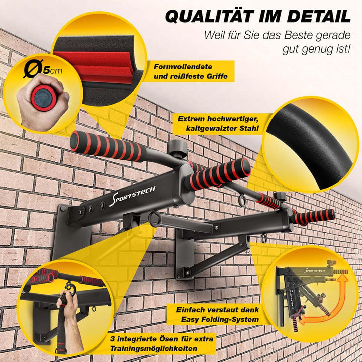 Sportstech Innovative 4in1 Klimmzugstange zur Wandmontage | neuartig platzsparend klappbar | 3 Multi