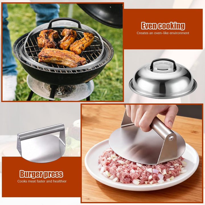 27 Pcs Grill Zubehör, Grillspachtel Plancha Zubehör, Grillbestec Set, Burgerpresse mit Griff, Teppan