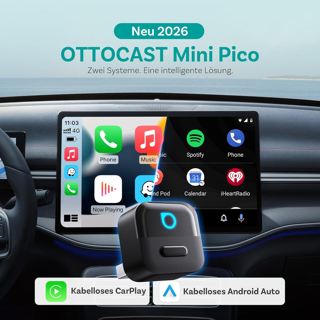 OTTOCAST (2026 Neu) 2-in-1 Wireless CarPlay & Android Auto Adapter, Mini Pico mit EIN-Knopf-Trennung