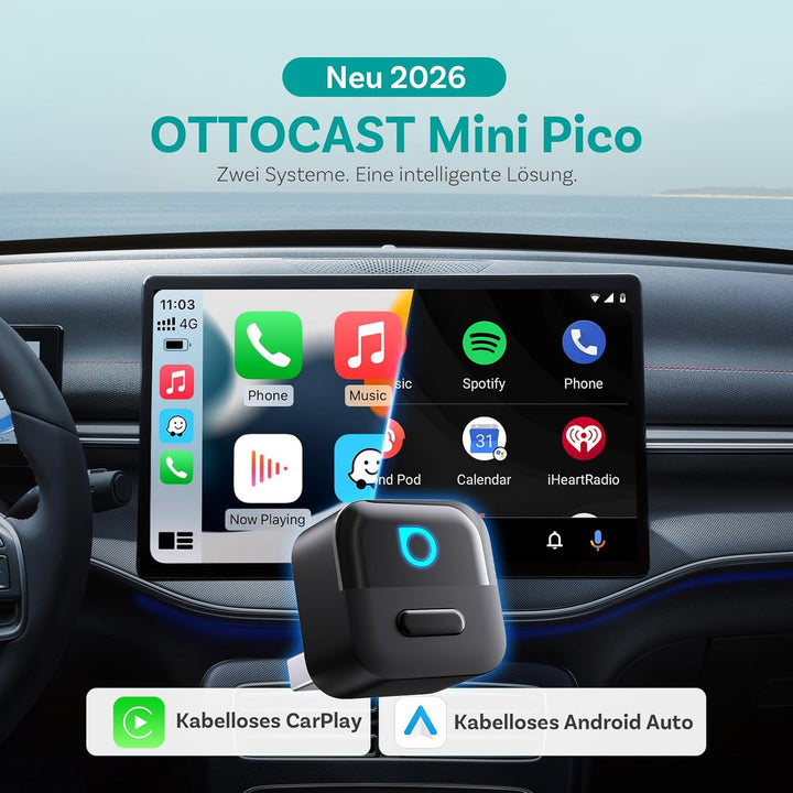 OTTOCAST (2026 Neu) 2-in-1 Wireless CarPlay & Android Auto Adapter, Mini Pico mit EIN-Knopf-Trennung