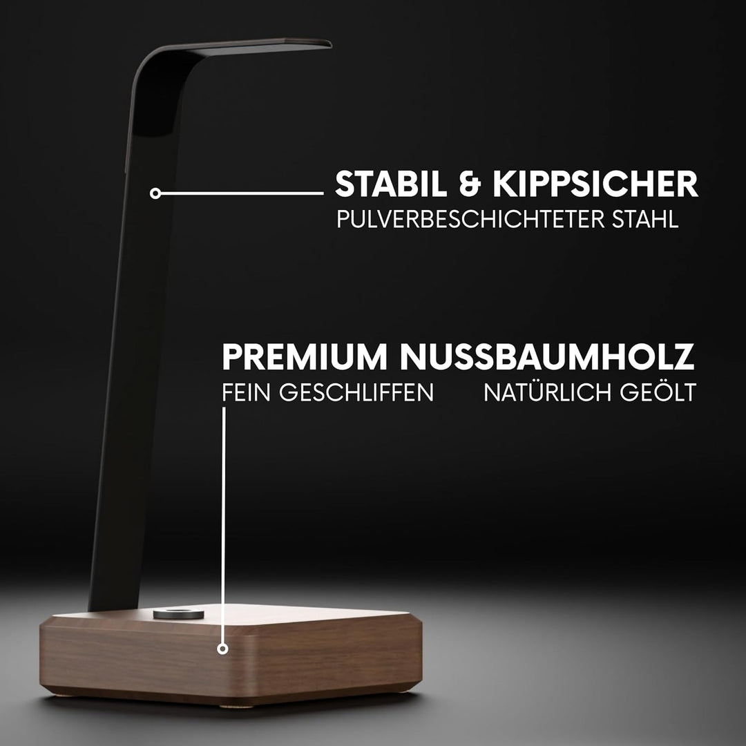 Headset Halterung aus Nussbaumholz – Kopfhörer Halterung mit schwerem Stahlblech & Lederauflage – Ko