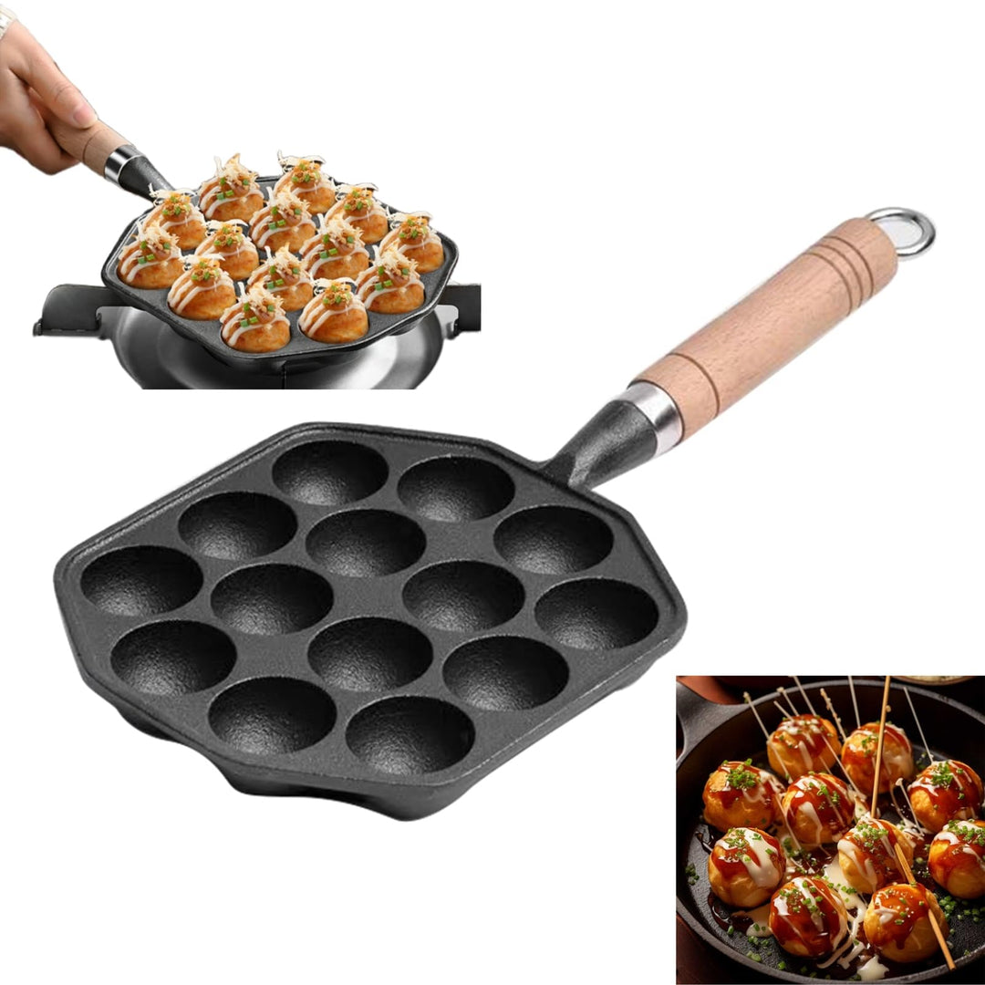 Topyond Takoyaki Pfanne,14 Löcher 3.8cm Loch Antihaft Pan Gusseisen mit Abnehmbarem Griff,Takoyaki M