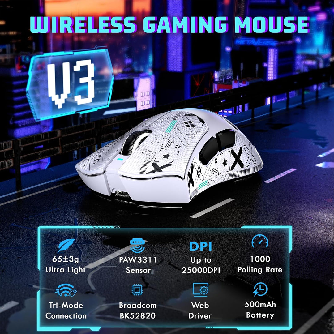 MAMBASNAKE X Attack Shark V3 PAW3311 Kabellose Gaming Maus-Weiss+Type White, White