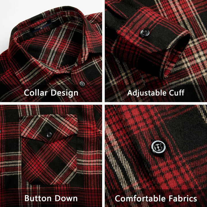 HISDERN Flanellhemd Herren Karierte Hemden Herren Langarm Button Down Baumwolle Holzfällerhemd Regul