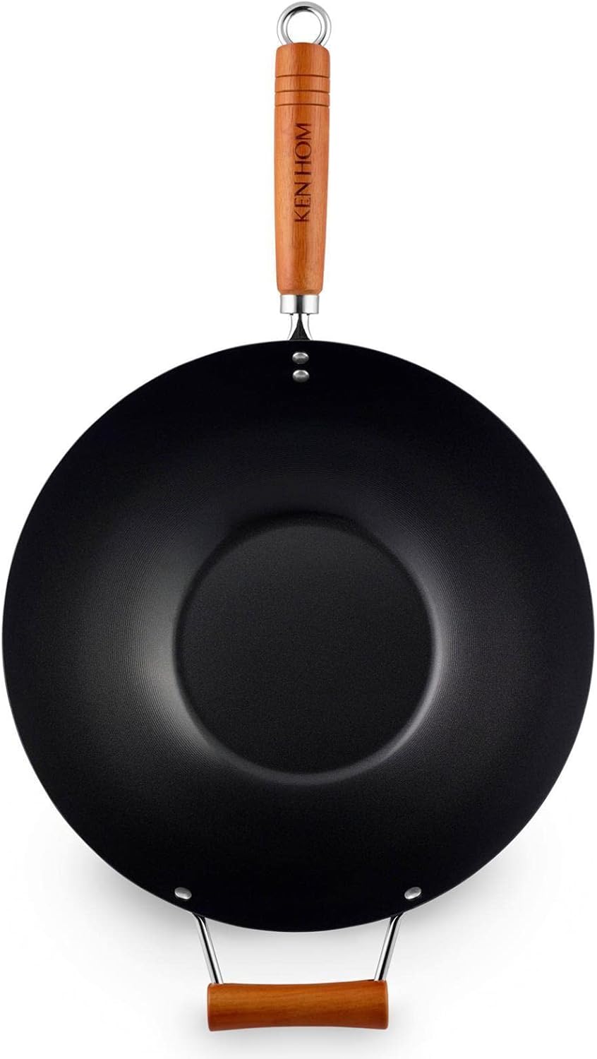 Ken Hom Wok 35 cm antihaftbeschichtet aus Karbonstahl mit Gegengriff - Wok Set inkl. Dampfkorb 20 cm
