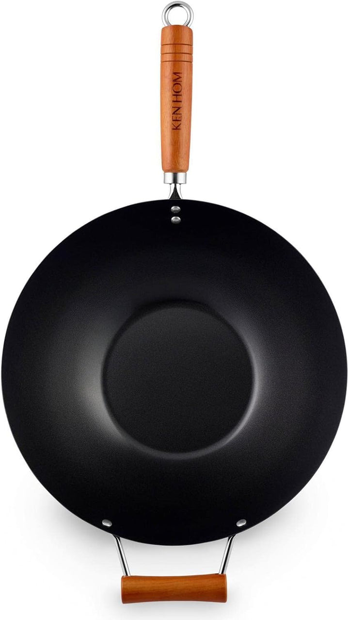 Ken Hom Wok 35 cm antihaftbeschichtet aus Karbonstahl mit Gegengriff - Wok Set inkl. Dampfkorb 20 cm