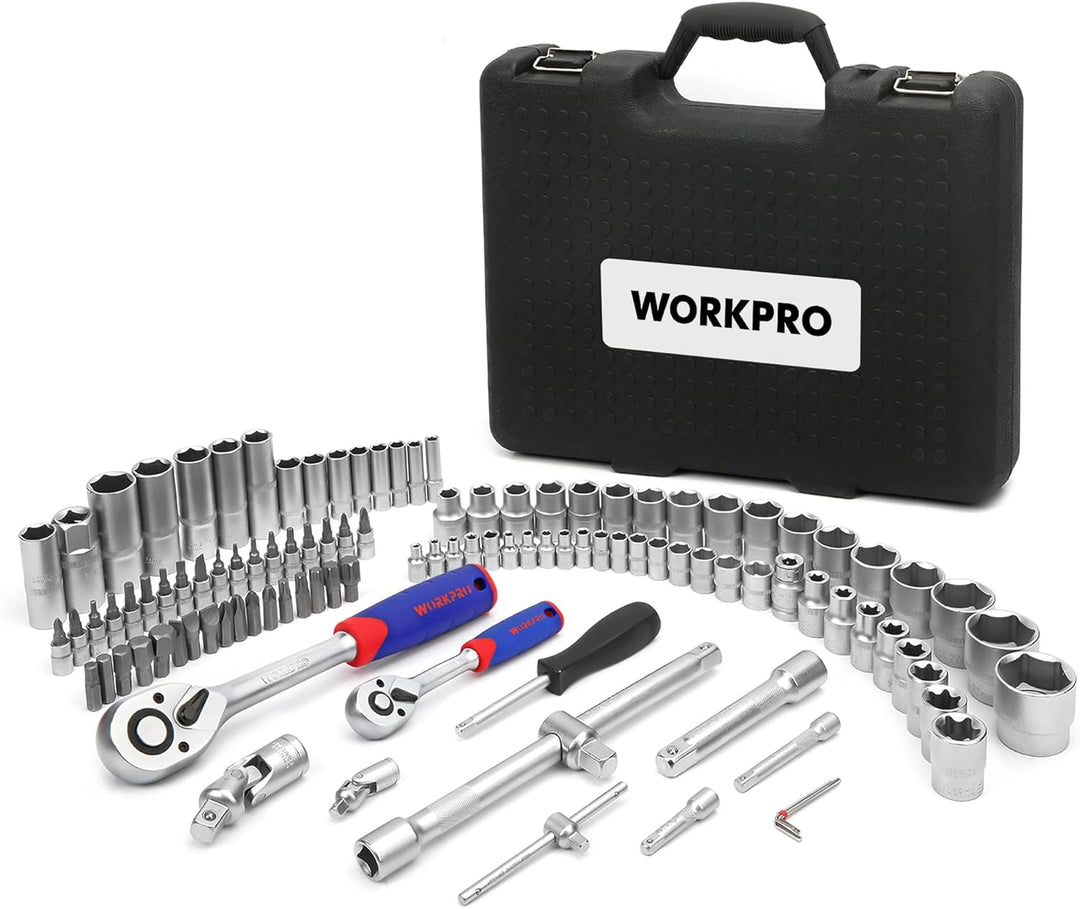 WORKPRO Steckschlüsselsatz 108-teilig, Knarrenkasten Ratschenkasten für Auto, mit 1/4" und 1/2" Umsc