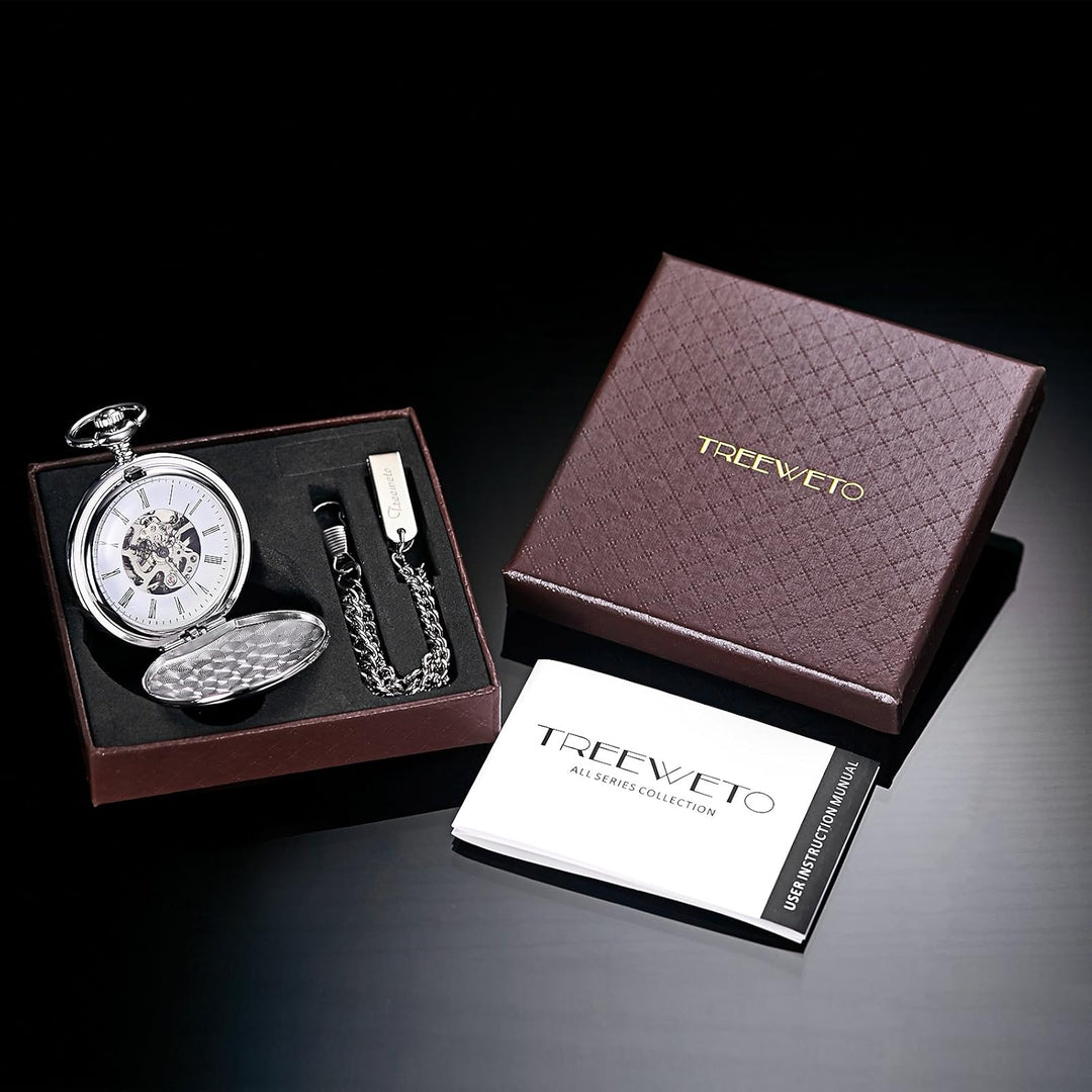TREEWETO Unisex Taschenuhr mit Kette Analog Handaufzug Retro Skelett Hochglanz Poliert Silber