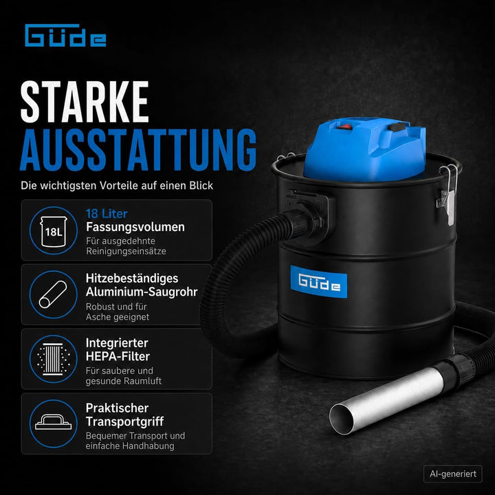 Güde 17010 GA 18-1200.1 Aschesauger, 18 Liter Behältervolumen, schwarz