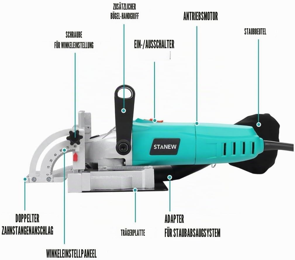 Flachdübelfräse 900 W STANEW, STBJ1002 Winkel- & höhenverstellbar,14 mm Frästiefe,11000 U/min, mit S