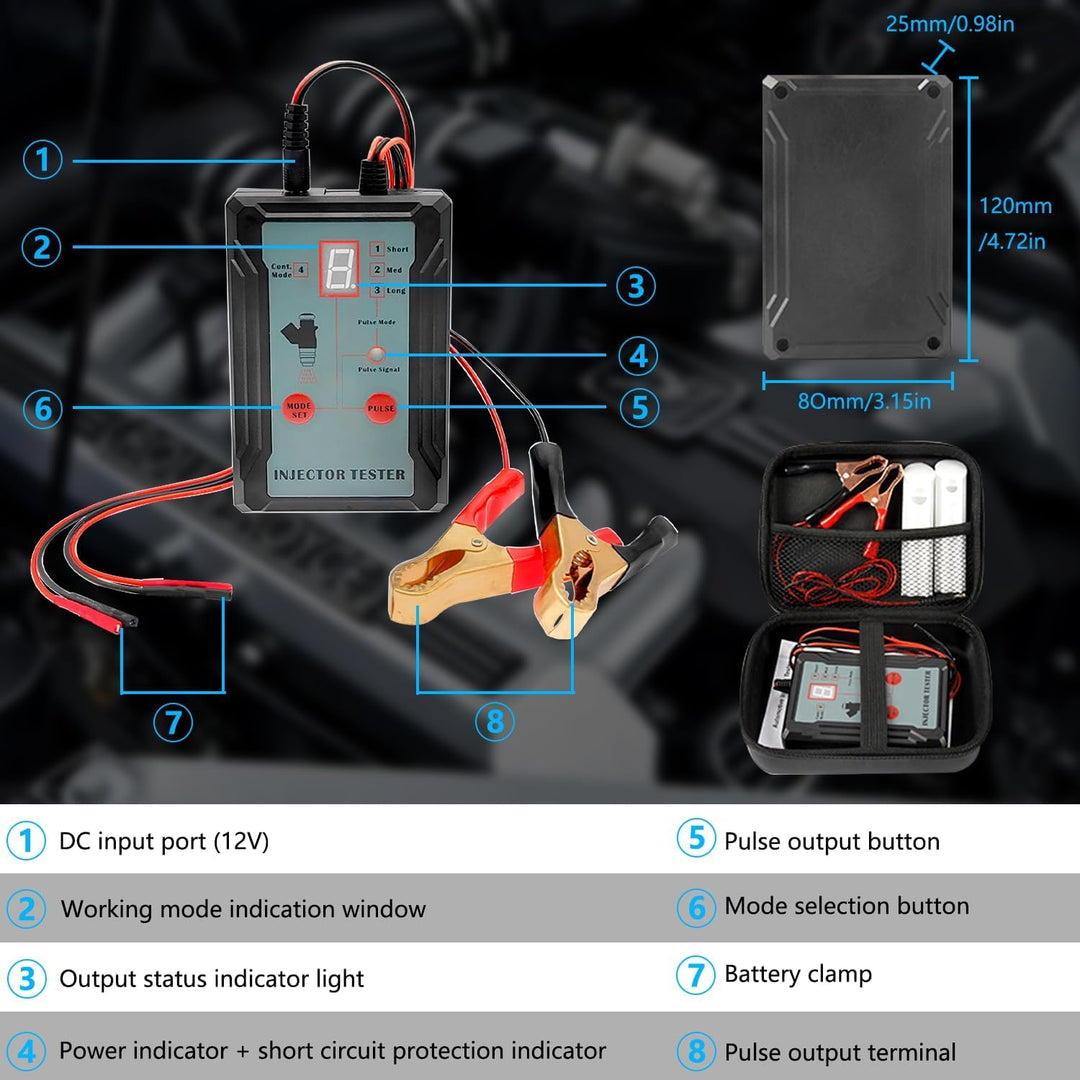 ZKTOOL Automotive Einspritzdüsen-Tester, 2 Düsenreinigungsadapter, 8 Impulsmodi, 12 V/5 V Ausgangsle