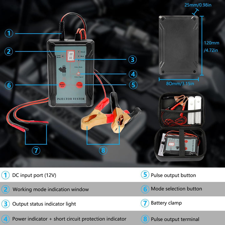 ZKTOOL Automotive Einspritzdüsen-Tester, 2 Düsenreinigungsadapter, 8 Impulsmodi, 12 V/5 V Ausgangsle