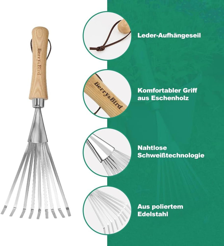 Berry&Bird Hand-Fächerbesen 36,6 cm - Handrechen mit Stiel aus Eschenholz, Gartenwerkzeug mit 9 Flac