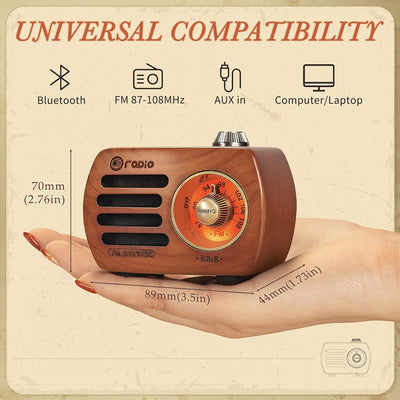 PRUNUS R-818 Holz Retro Radio mit Bluetooth Lautsprecher, Tragbares FM UKW Radio klein, Wiederauflad