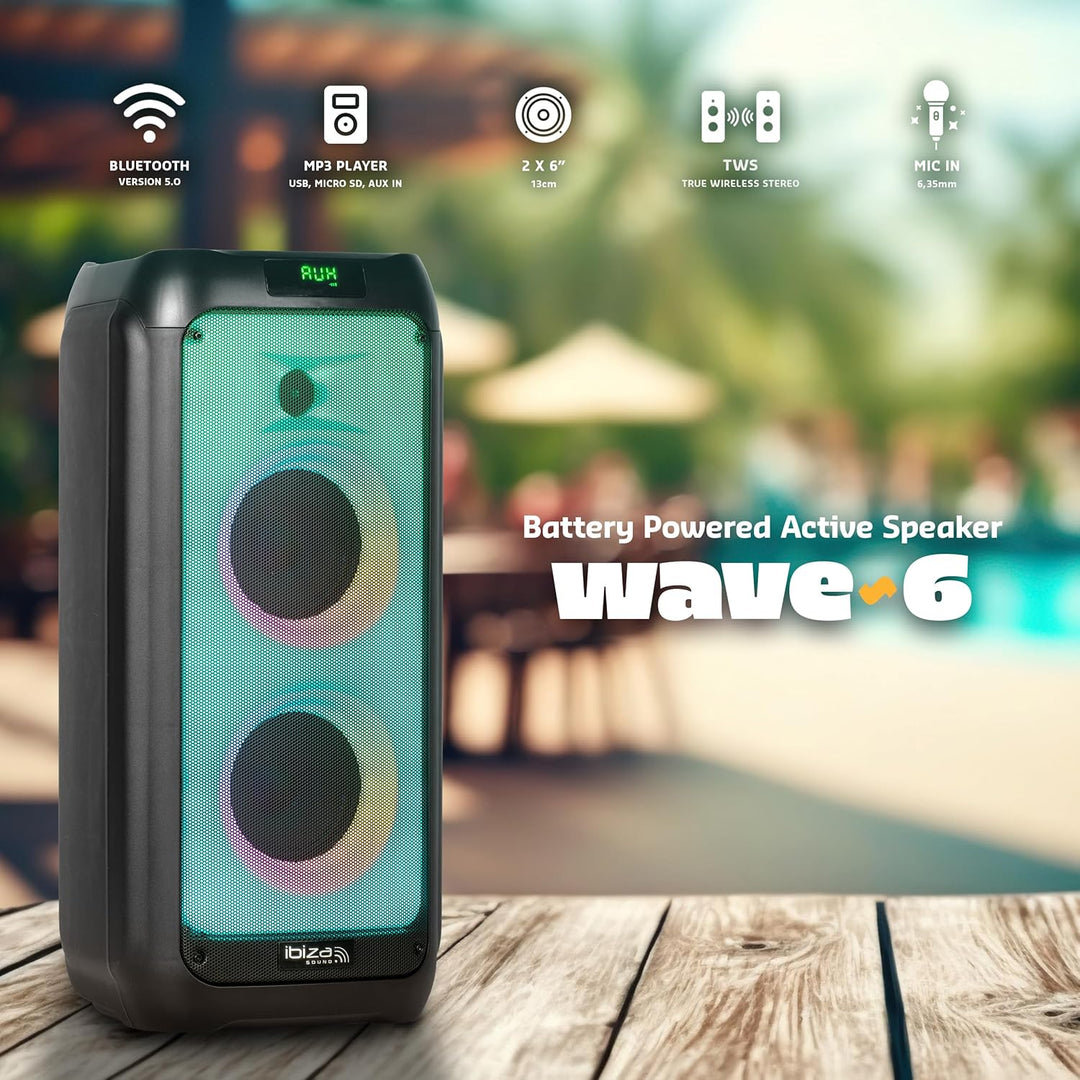 Ibiza - WAVE6-250W/2x5.25" Batterielautsprecher mit Bluetooth, USB und microSD - WAVE LED Effekt und