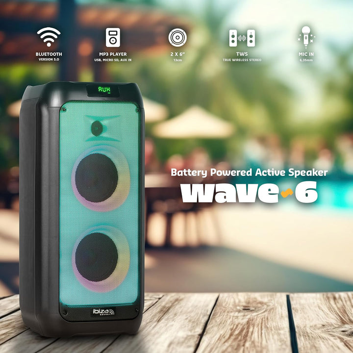 Ibiza - WAVE6-250W/2x5.25" Batterielautsprecher mit Bluetooth, USB und microSD - WAVE LED Effekt und