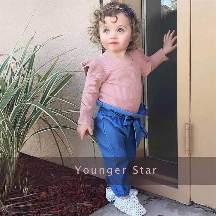 Neugeborenes Baby Mädchen Kleidung Rüschen Strampler + Schleife Denim Hosen Outfits Set 12-18 Monate