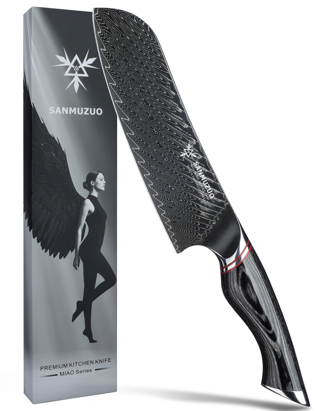 Japanisches 18 cm Santokumesser – Kochmesser – Schwarzer Damaststahl mit ergonomischem Griff – Miao