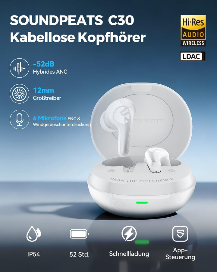 SoundPEATS C30 Noise Cancelling kopfhörer, Bluetooth Kopfhörer mit Hi-Res LDAC, 12mm Treiber, 52 Std