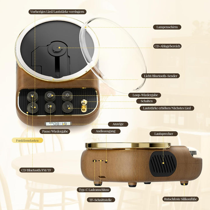 Retro CD Player Tragbar mit Bluetooth 5.3 Lautsprecher HiFi Sound Nachtlicht Staubschutz LED-Bildsch