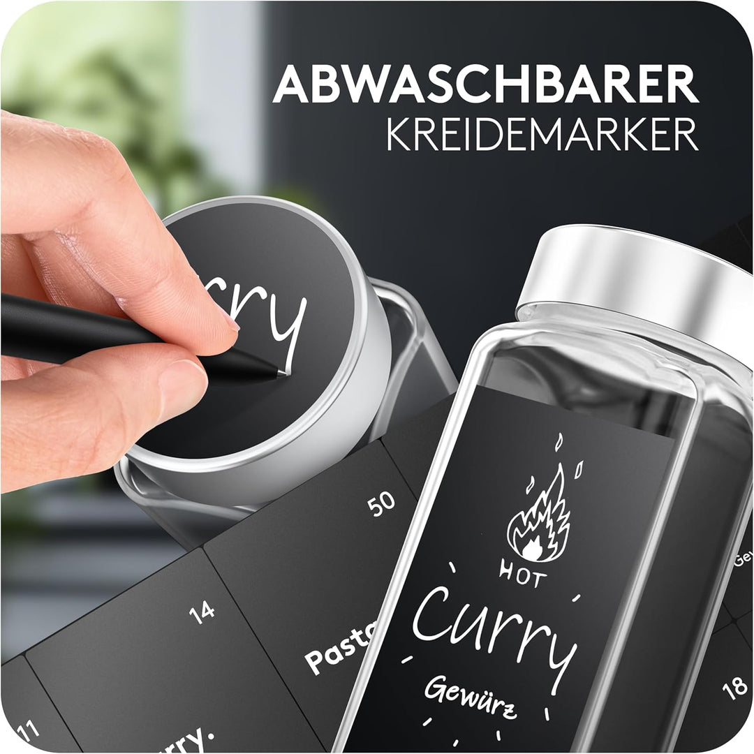 Gewürzgläser Set Schwarz [24 Stück] Eckig mit Streueinsatz | Inklusive 240 Etiketten + Acrylstift +